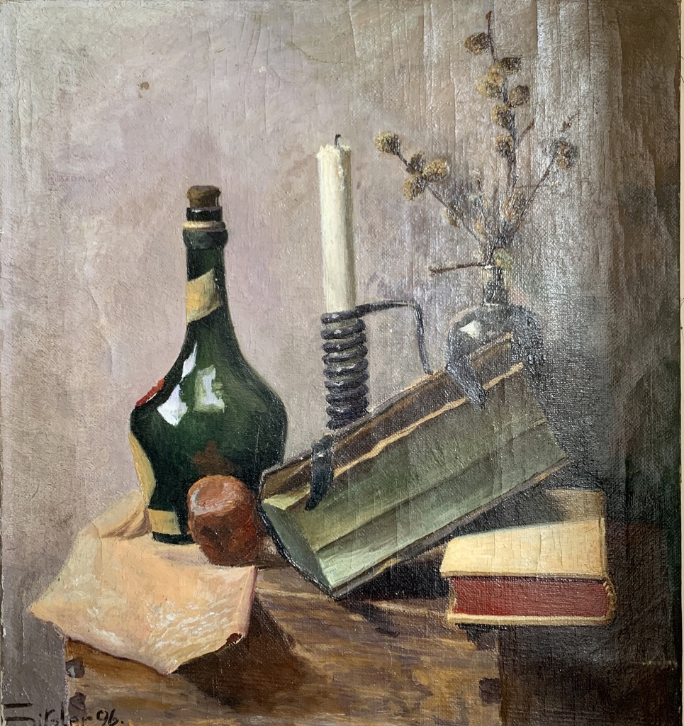 Rustic Still Life with Candle and Bottle