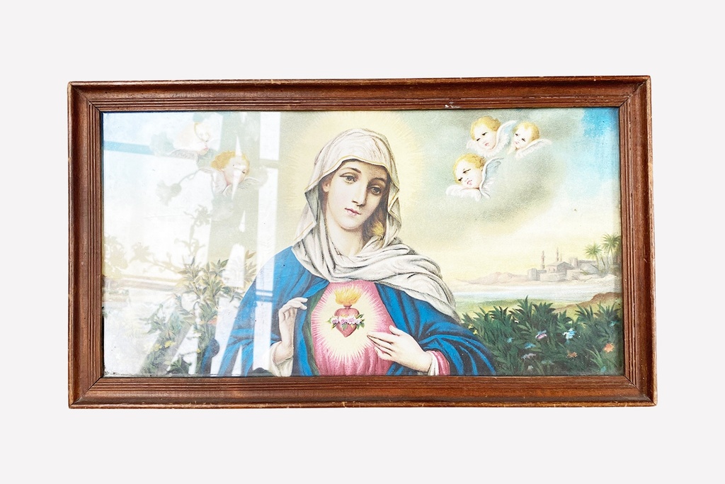 Framed Sacred Heart Illustration with Serene Landscape