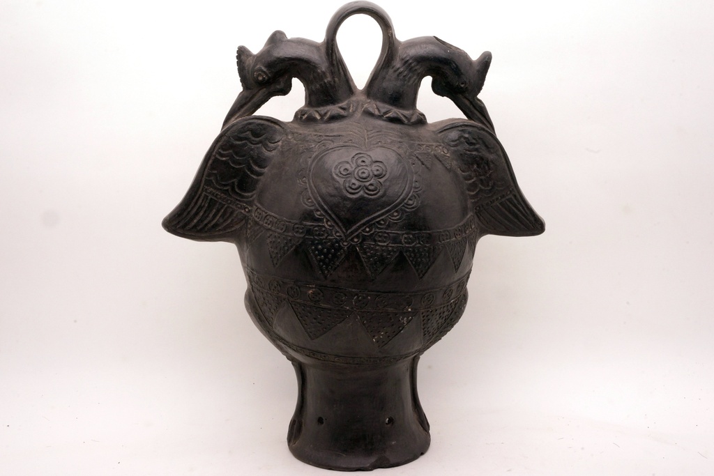 Ceremonial Black Clay Double-Headed Bird Vase