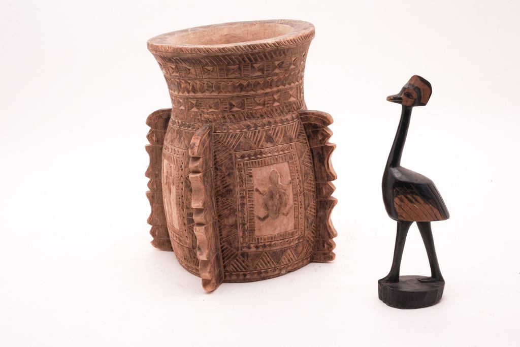 Carved Tribal Vessel with Wooden Bird Statue