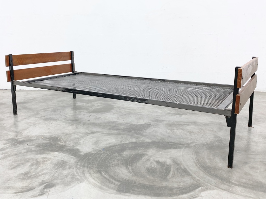 Industrial Metal Frame Cot with Wood Accents