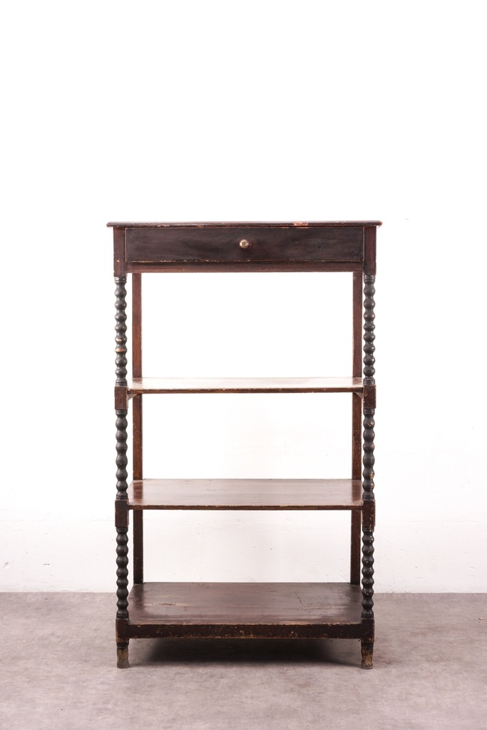 Antique Dark Wood Spindle Leg Shelf with Drawer