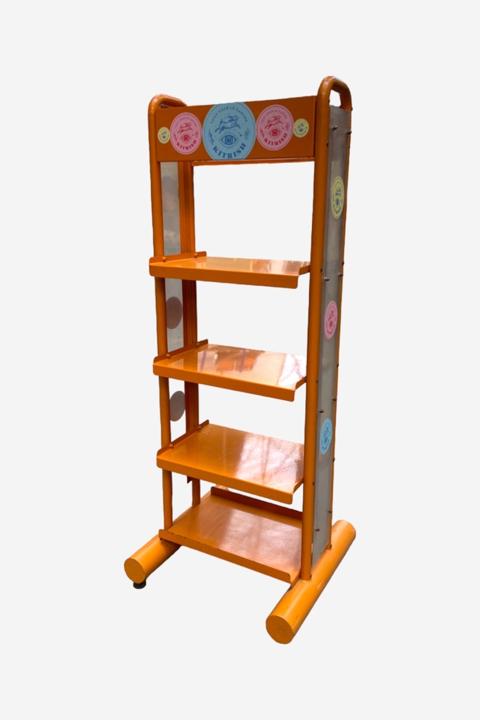 Bright Orange Display Shelf with Decal Accents