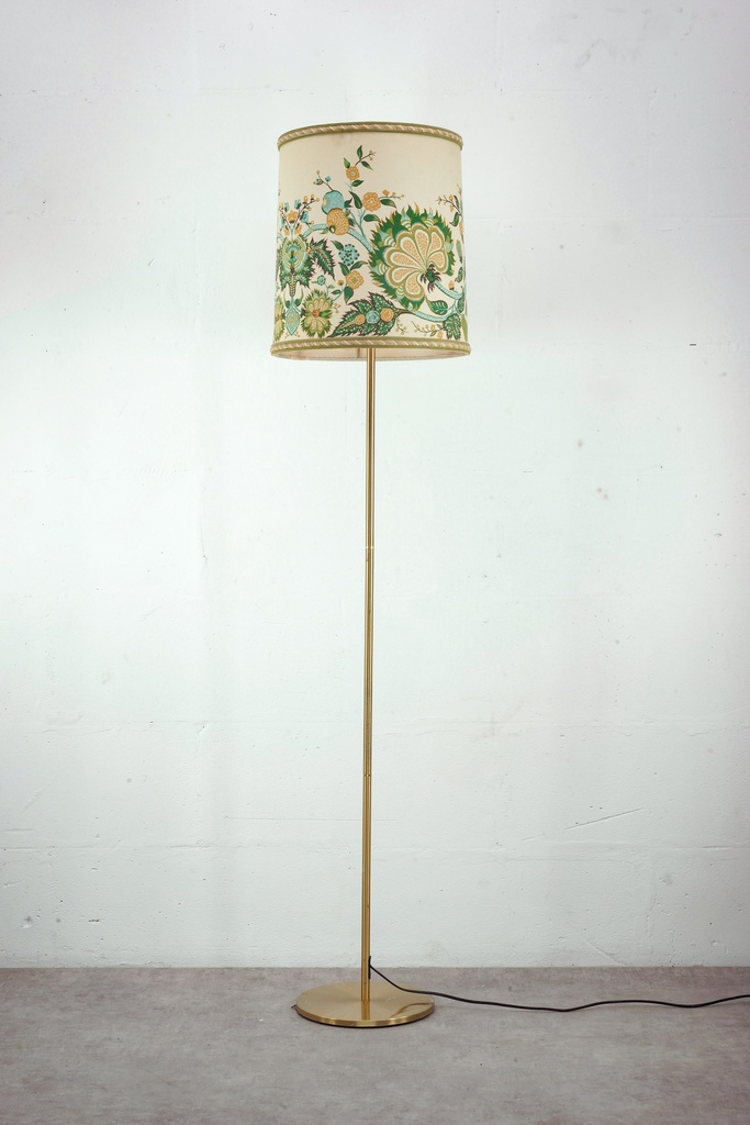 Mid-Century Brass Floor Lamp with Floral Embroidered Shade