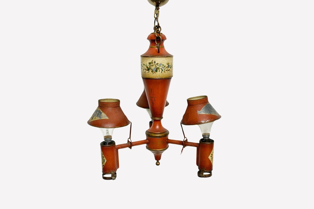 Vintage Toleware Three-Light Chandelier in Distressed Red Finish