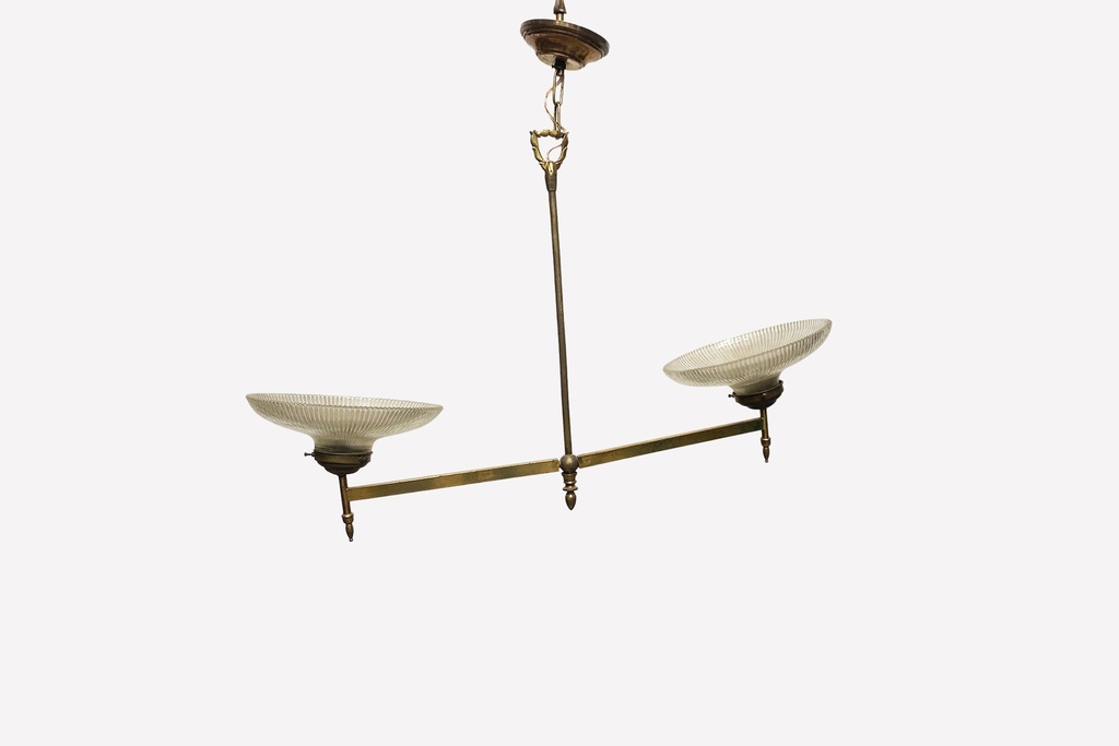 Antique Brass Double Pendant Chandelier with Ribbed Glass Shades