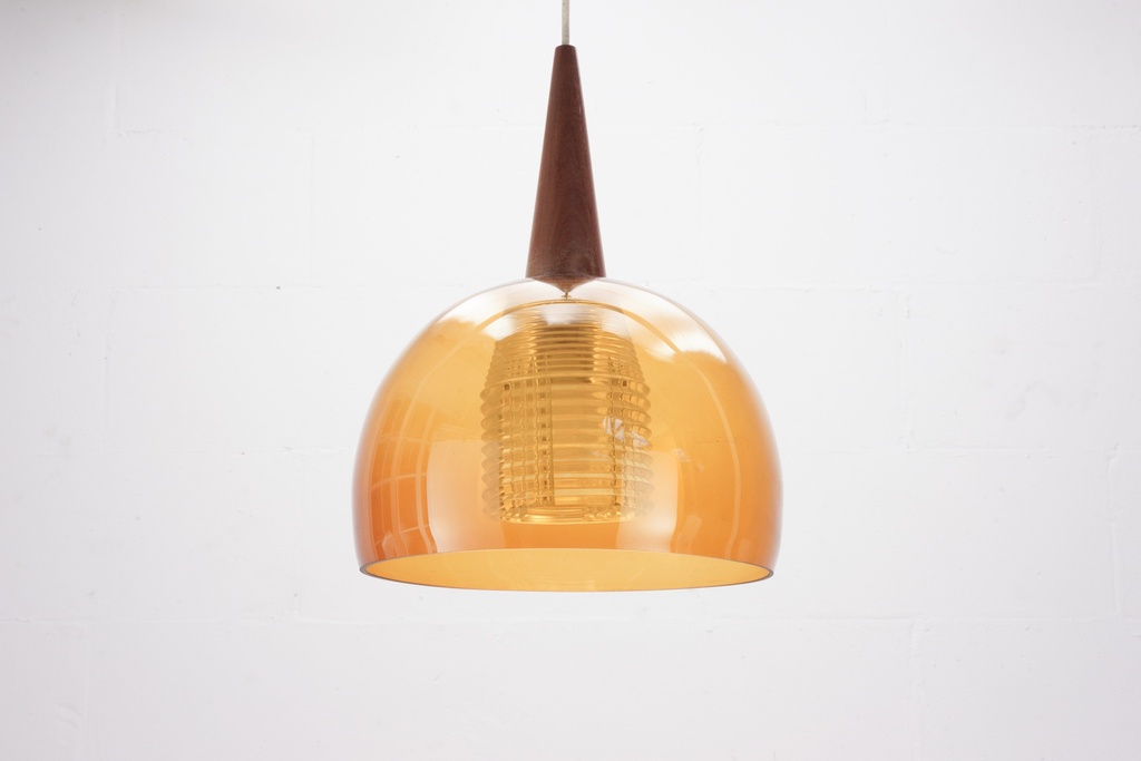 Amber Glass Dome Pendant Light with Wood Accent