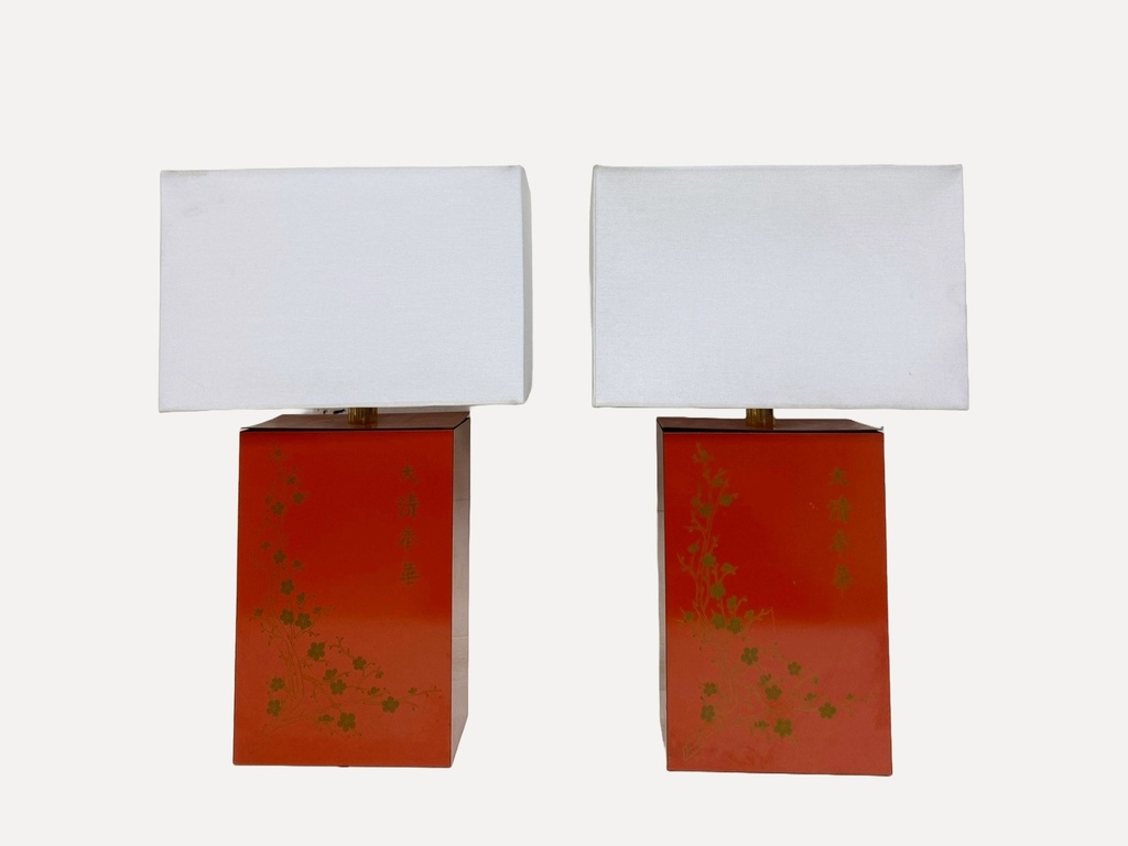 Pair of Asian-Inspired Rectangular Table Lamps with Red Lacquer Bases and Floral Motif