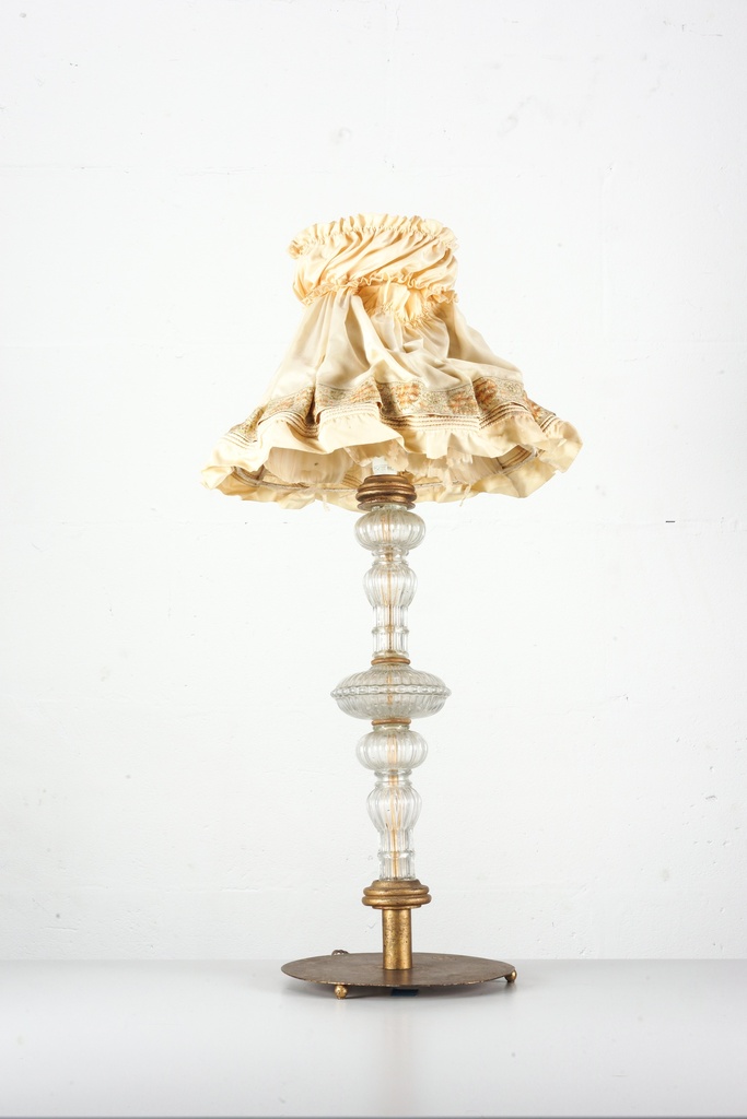 Victorian Glass Table Lamp with Ruffled Satin Shade