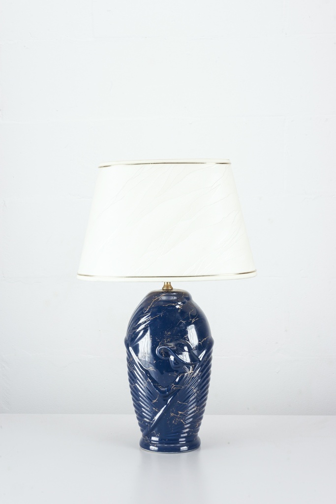 Navy Ceramic Table Lamp with Gold Veining and White Textured Shade