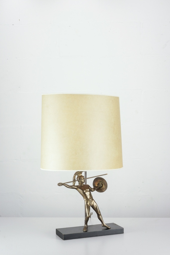 Bronze Spartan Warrior Table Lamp with Neutral Drum Shade