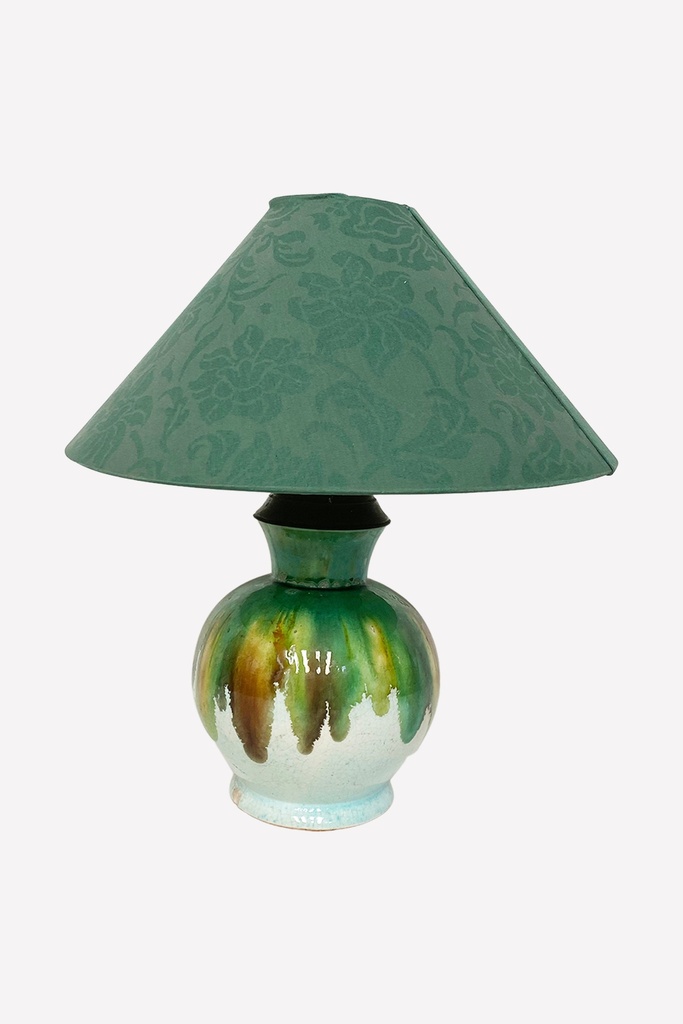 Emerald Drip Glaze Table Lamp with Patterned Shade