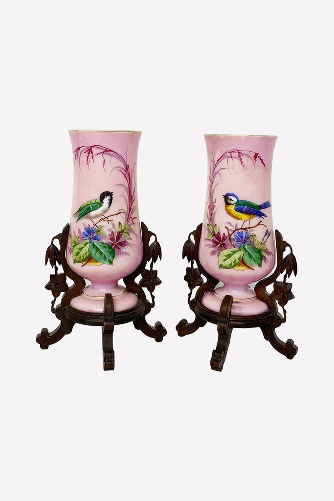 Victorian Hand-Painted Opaque Pink Vases with Birds on Ornate Wooden Stands