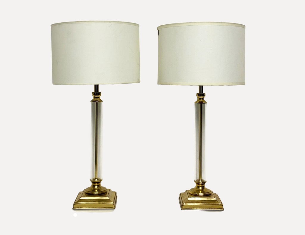 Pair of Brass and Glass Column Table Lamps with Drum Shades