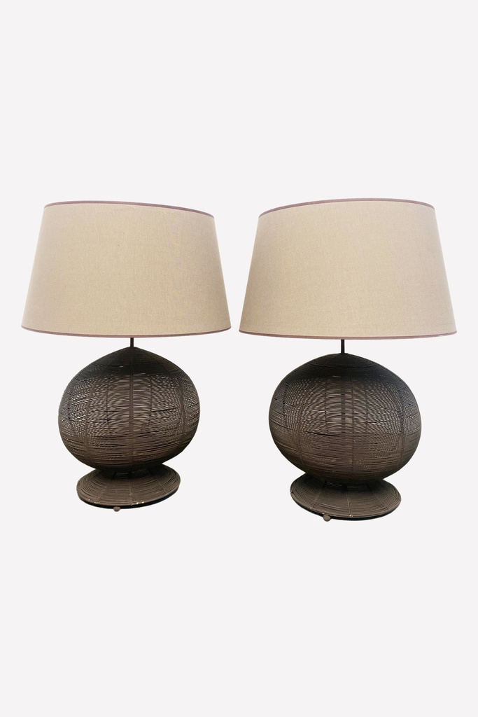 Pair of Woven Sphere Table Lamps with Beige Linen Shades