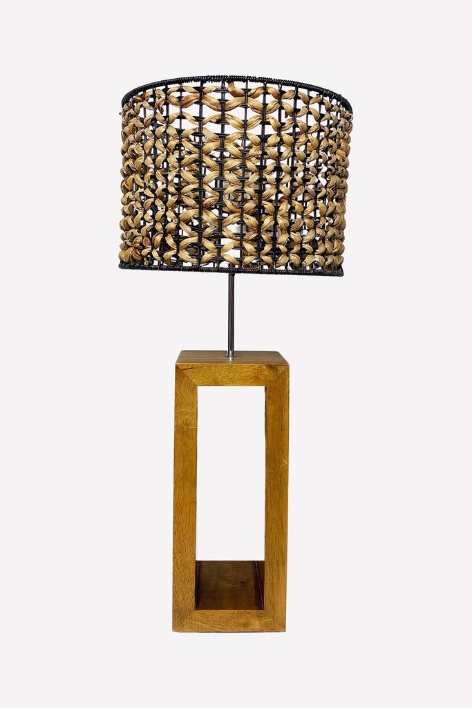 Rustic Woven Table Lamp with Geometric Wood Base