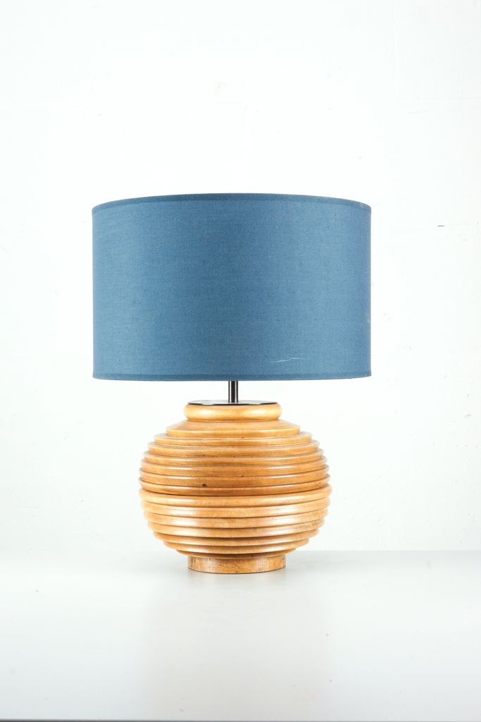 Mid-Century Ribbed Wooden Lamp with Blue Drum Shade