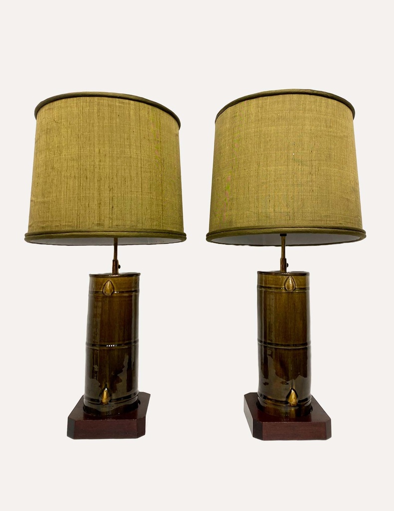 Vintage Brass Barrel Table Lamps with Linen Shades