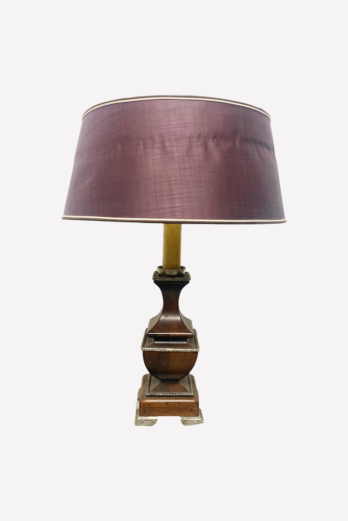 Vintage Wooden Table Lamp with Plum Silk Shade