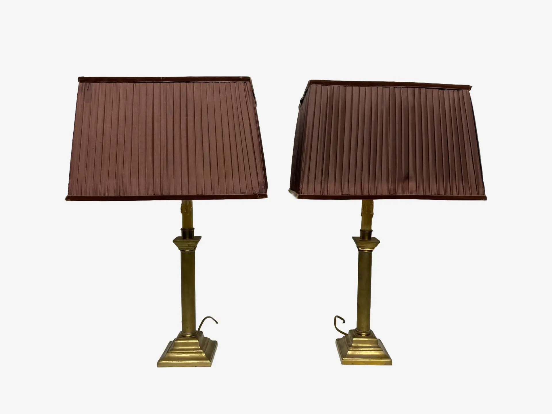 Vintage Brass Table Lamps with Pleated Brown Shades