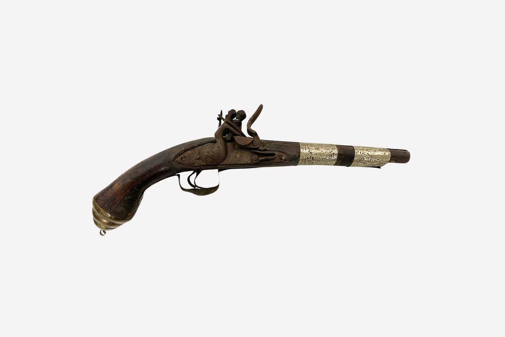 Antique Flintlock Pistol with Ornate Silver Detailing
