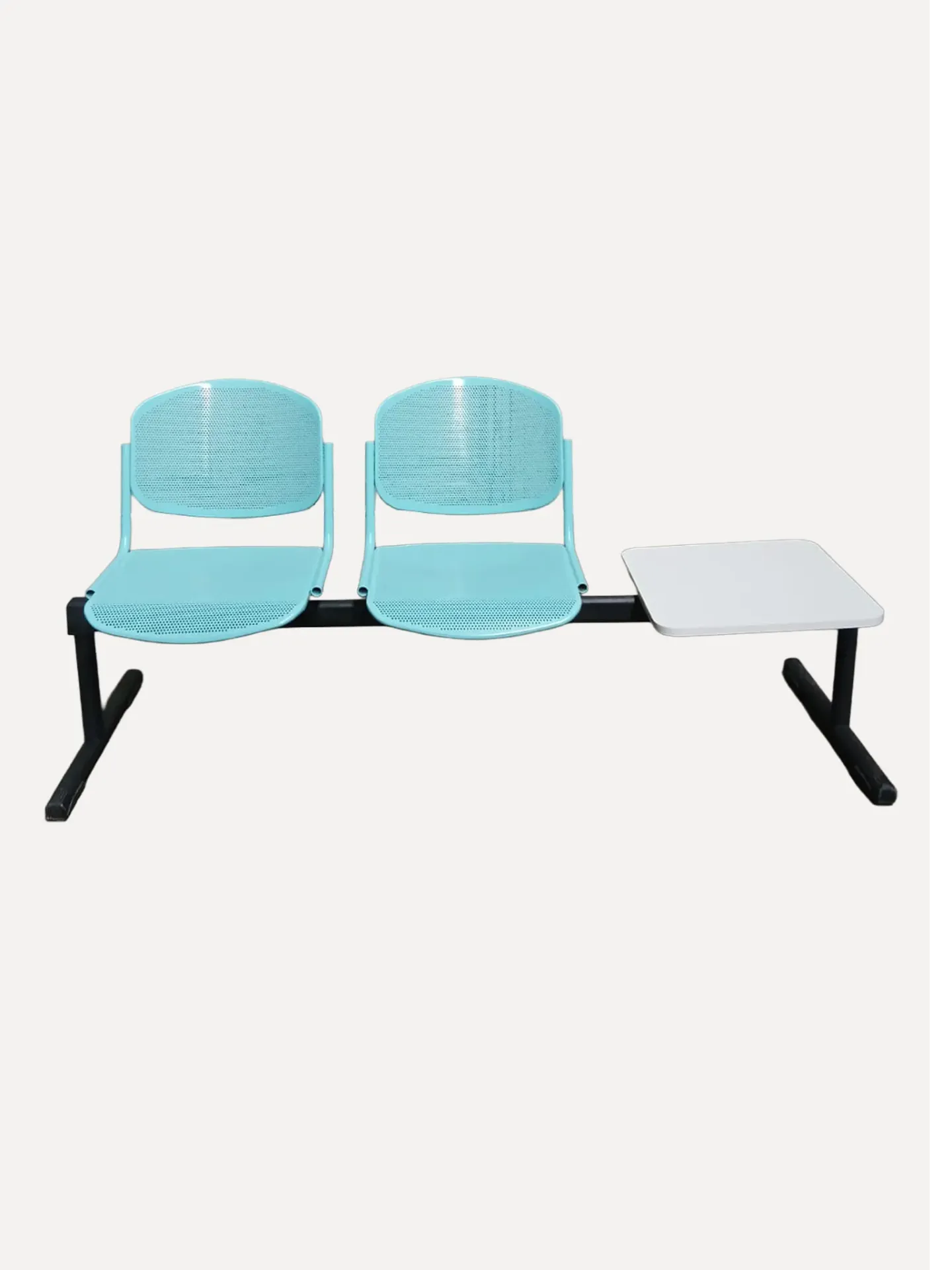 Aqua Perforated Waiting Bench with Side Table in Industrial Setting