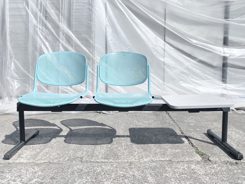 Aqua Perforated Waiting Bench with Side Table in Industrial Setting