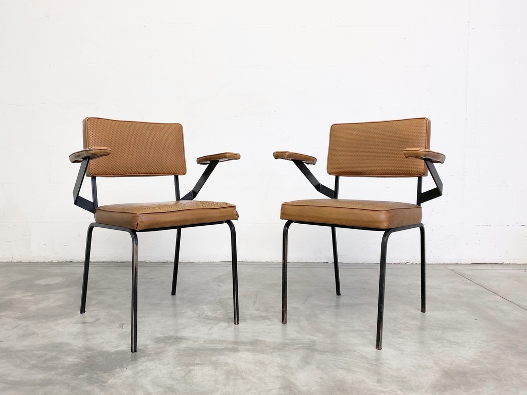 Mid-Century Industrial Armchairs with Worn Leather Upholstery