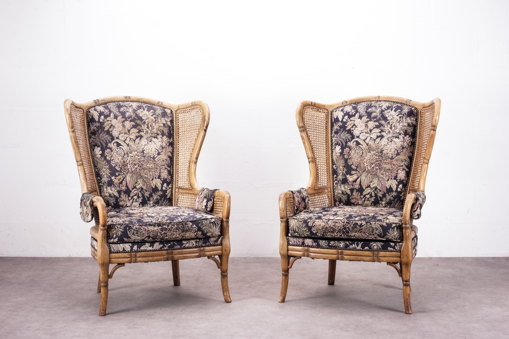 Vintage Cane-Back Floral Wingback Chairs Set