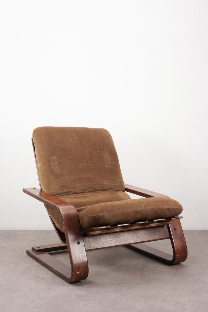 Mid-Century Wooden Lounge Chair with Brown Upholstery