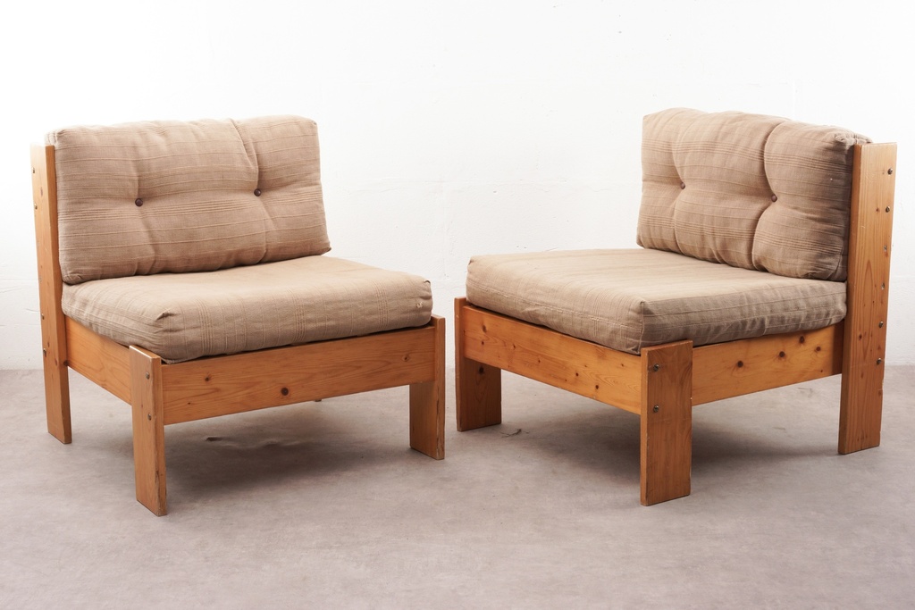 Mid-Century Modern Pine Lounge Chairs with Tufted Cushions