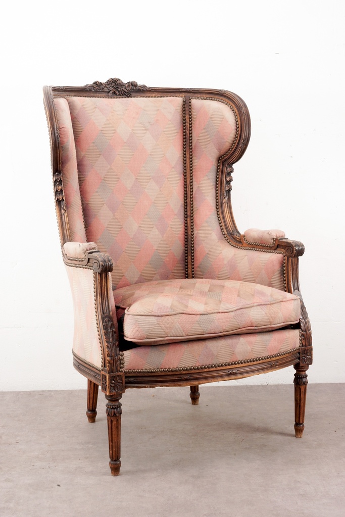 Antique French Wingback Armchair with Pink Harlequin Upholstery