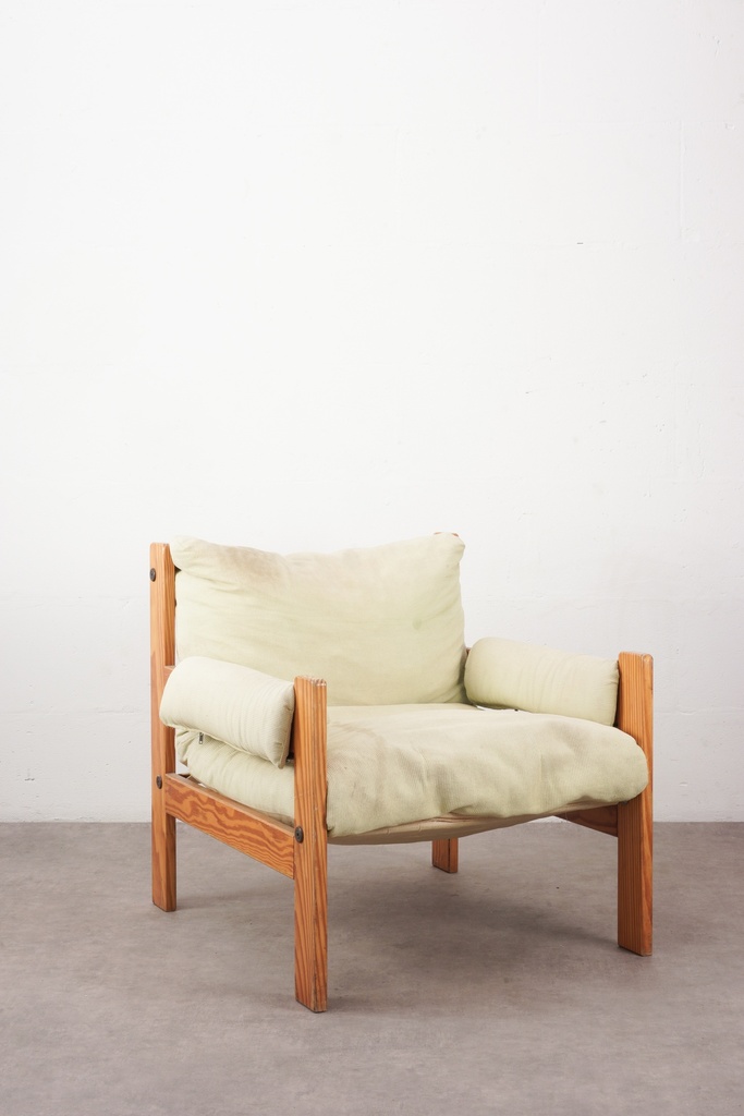 Mid-Century Modern Pine Lounge Chair with Sage Green Cushions