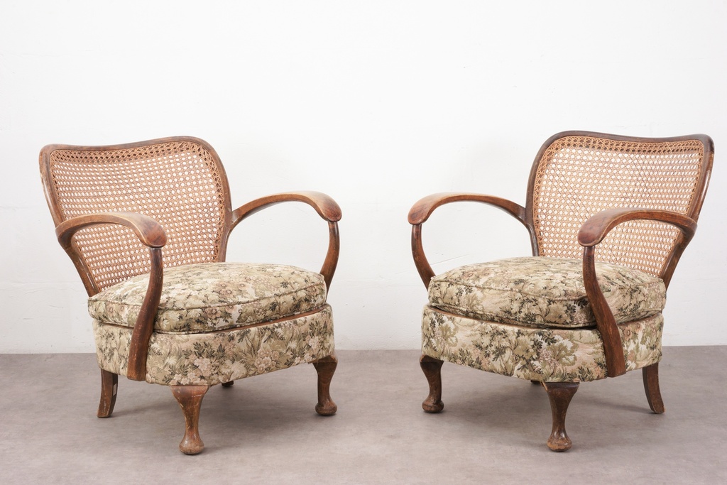 Vintage Cane-Back Armchairs with Floral Upholstery