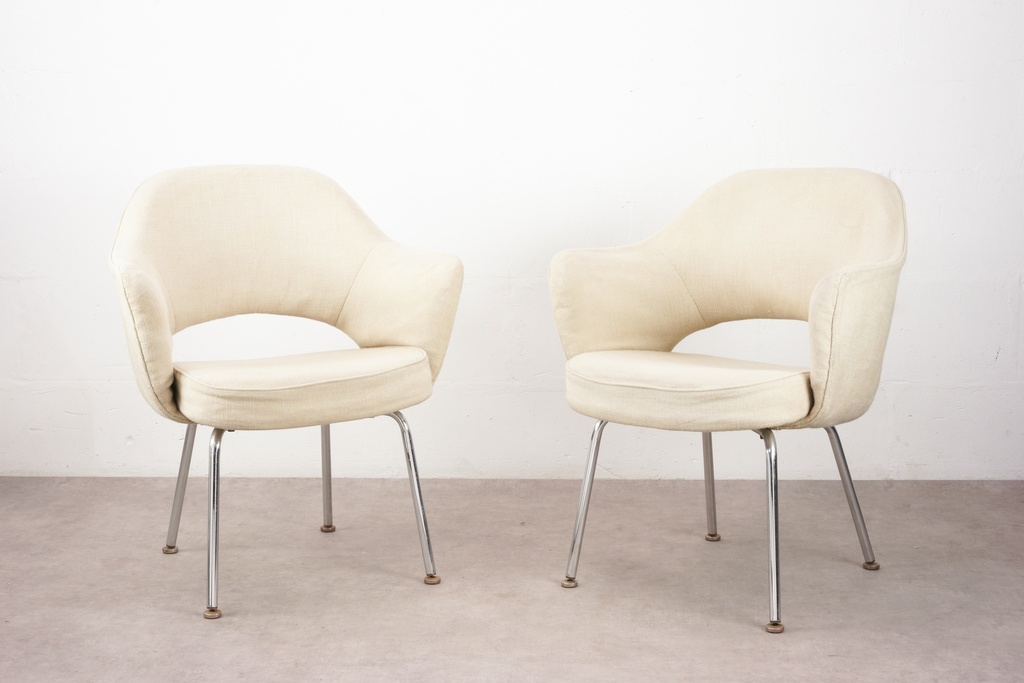 Mid-Century Modern Cream Upholstered Chairs with Chrome Legs (Pair)