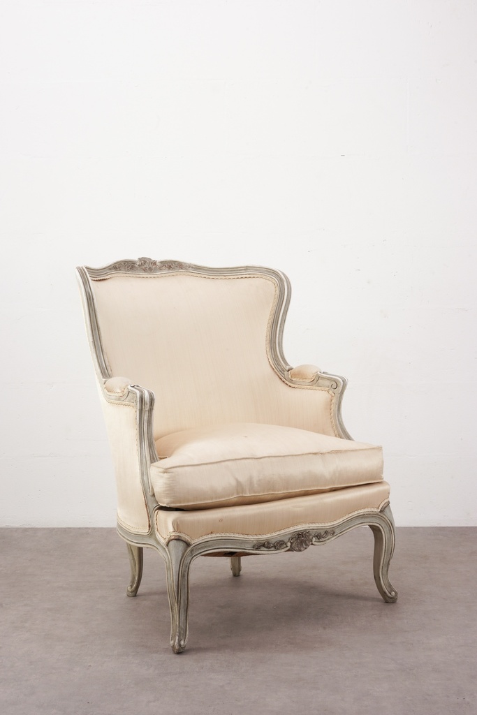 Antique French Bergère Armchair with Cream Upholstery