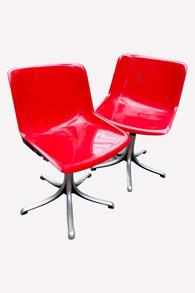 Retro Red Fiberglass Swivel Chairs with Chrome Bases