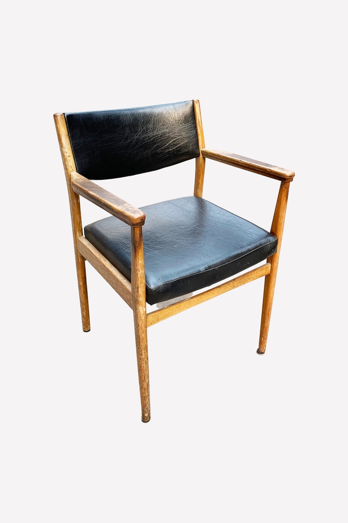 Mid-Century Modern Wooden Armchair with Black Vinyl Upholstery