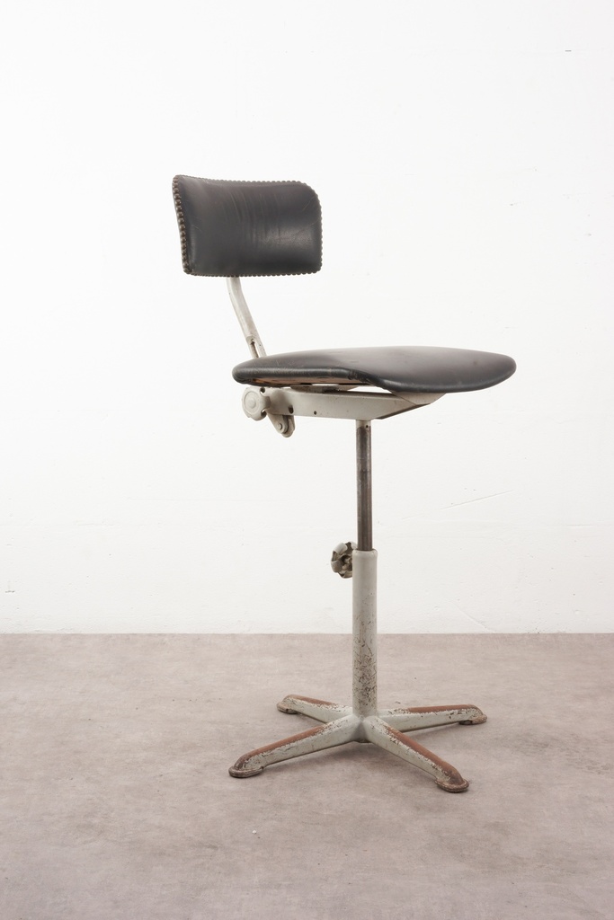 Vintage Industrial Swivel Stool with Black Leather Seat