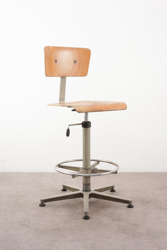 Vintage Industrial Drafting Chair with Wooden Seat and Backrest