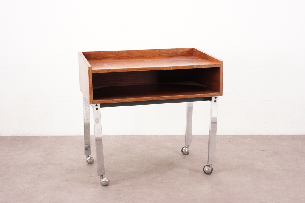Mid-Century Rolling Side Table with Open Shelf