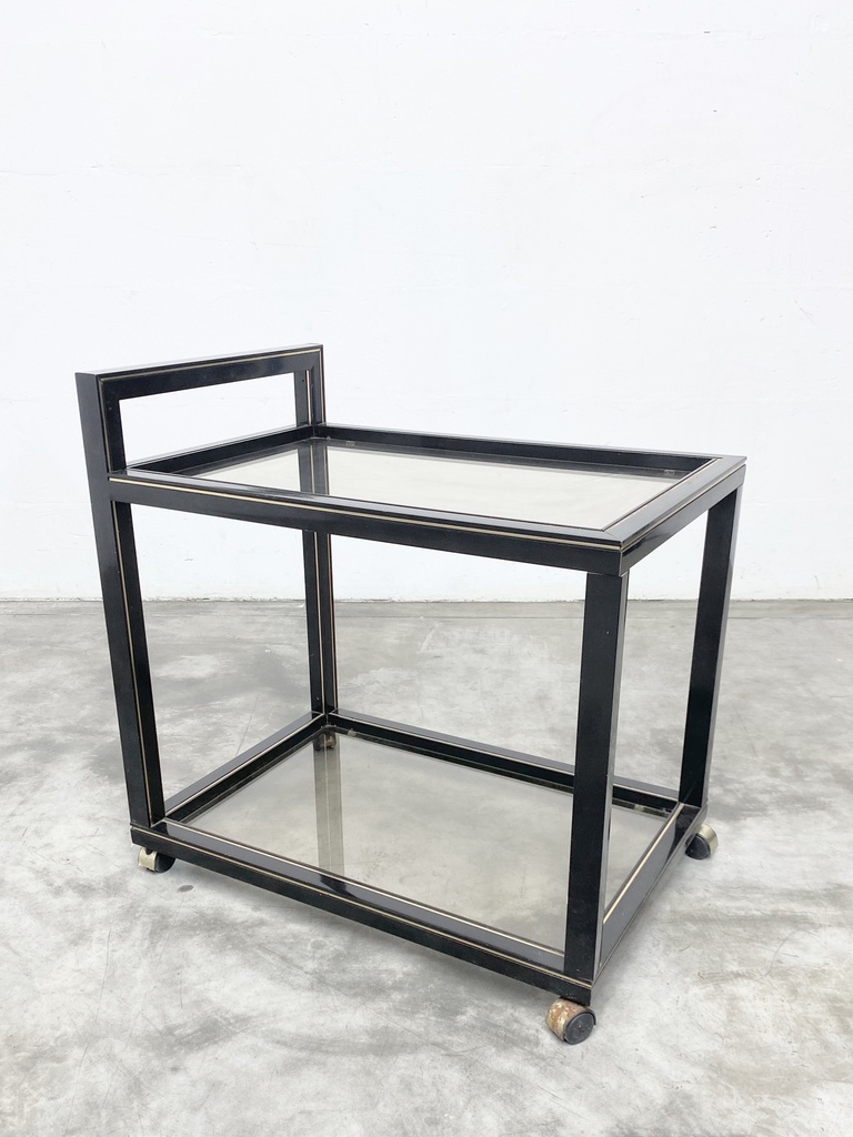 Vintage Black Metal and Glass Rolling Bar Cart