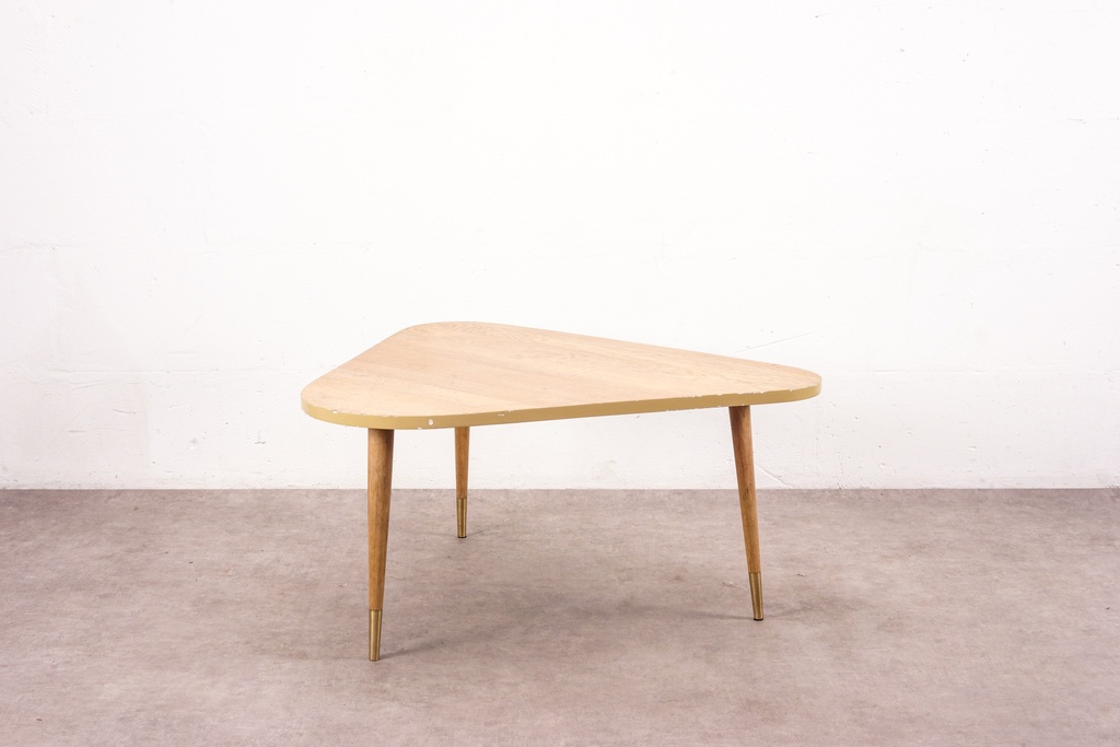 Mid-Century Modern Triangular Coffee Table with Brass-Tipped Legs