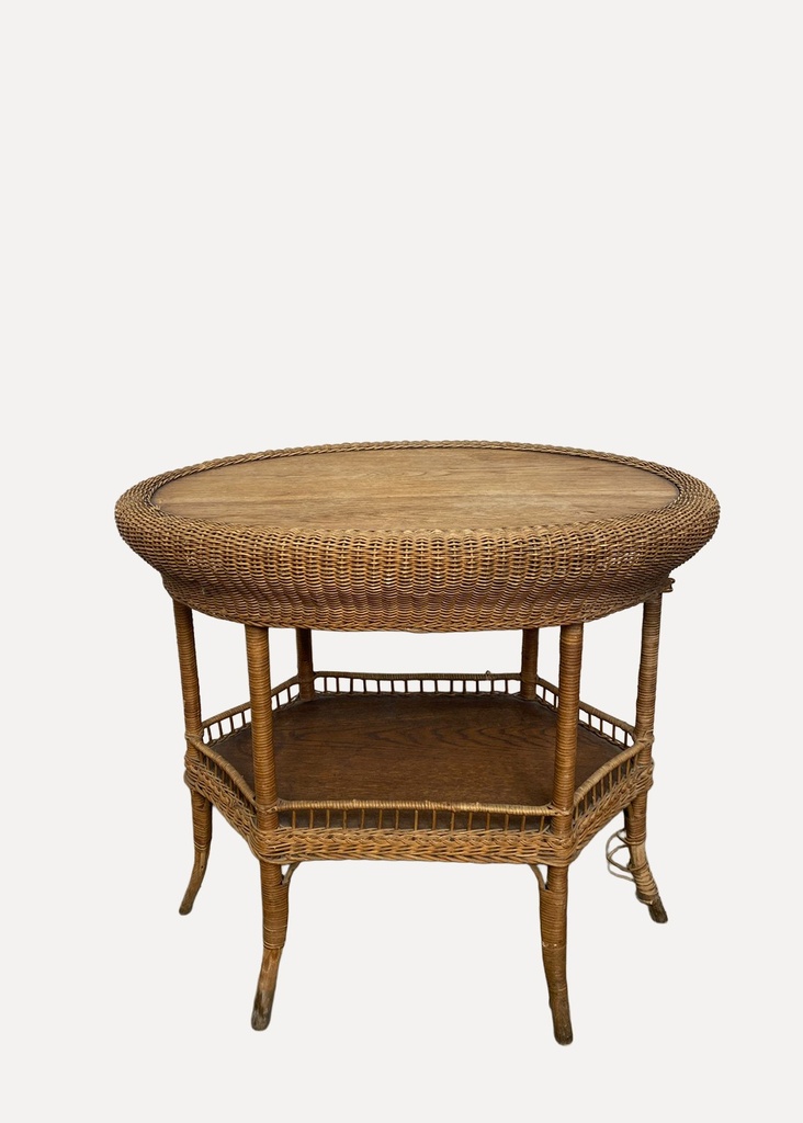Antique Round Wicker and Wood Side Table