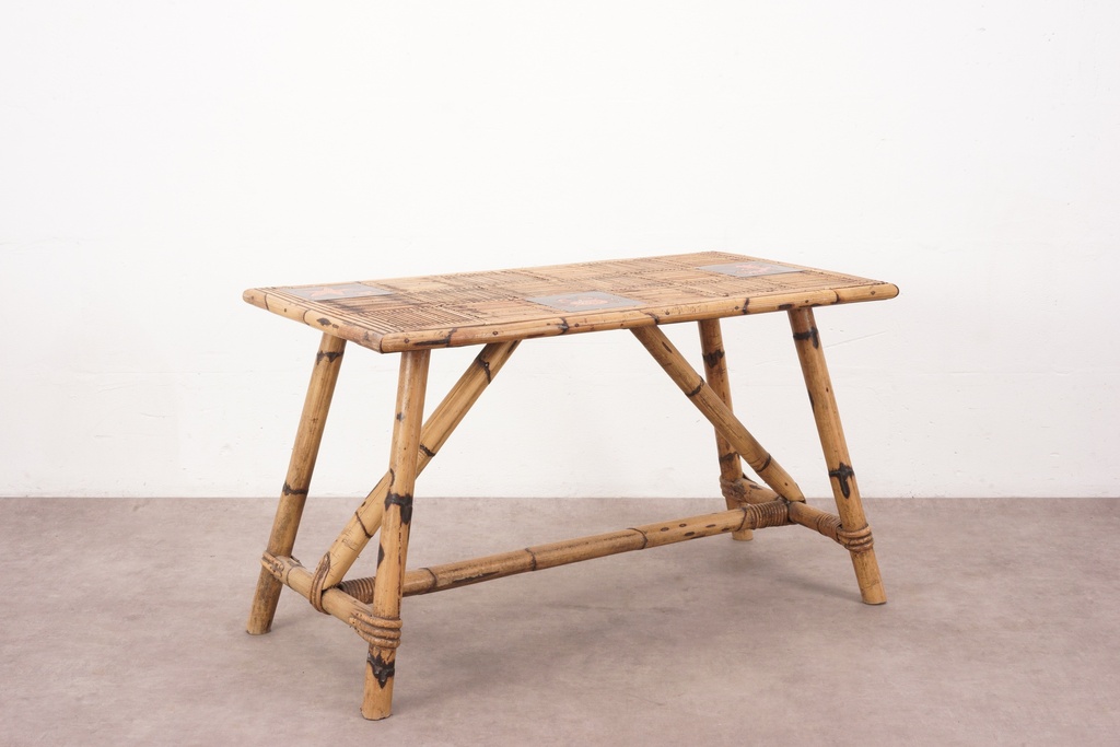 Vintage Bamboo Rattan Table with Ceramic Accents