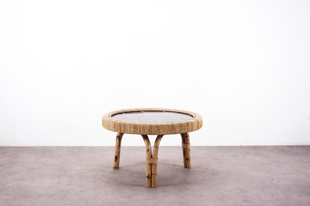 Vintage Bamboo Round Coffee Table with Glass Top