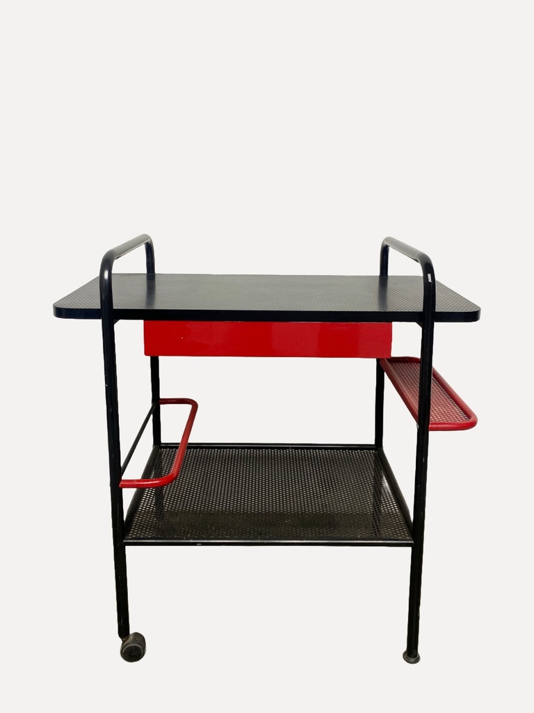 Mid-Century Modern Black and Red Bar Cart on Wheels