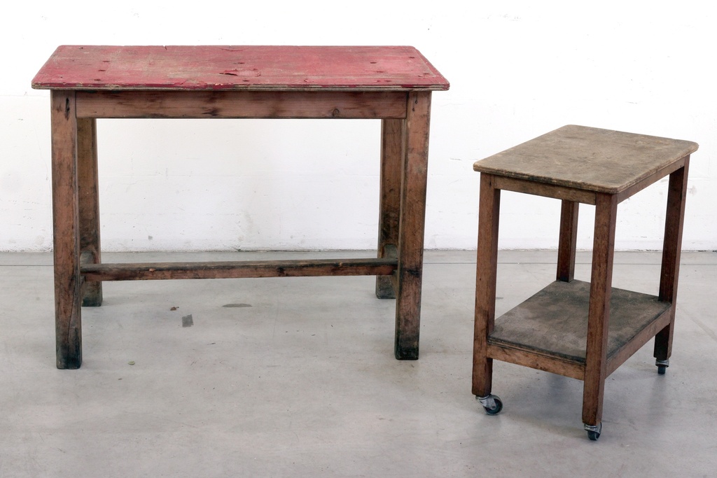Vintage Wooden Workbench and Rolling Utility Table