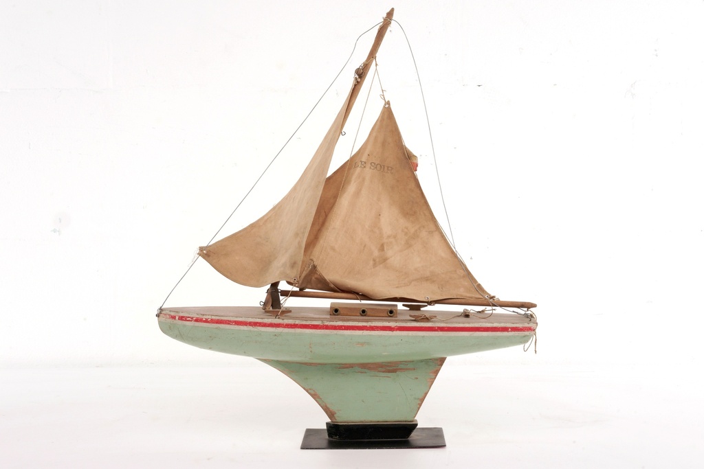 Vintage Wooden Sailboat Model with Canvas Sails
