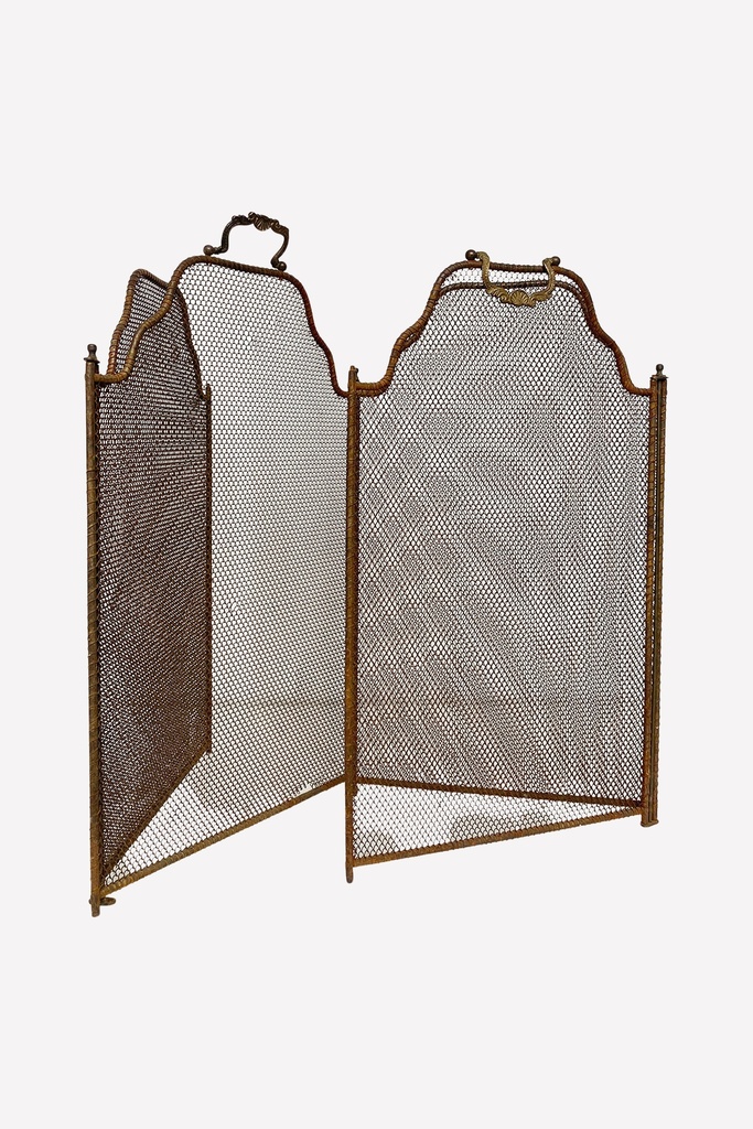 Antique Brass Folding Fire Screen with Mesh Panels